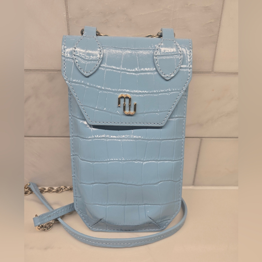 Maje Sky Blue Croc-Embossed Crossbody Bag